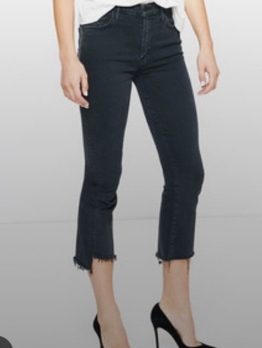 Mother High-Rise Black Cropped Step-Fray Jeans, 26
